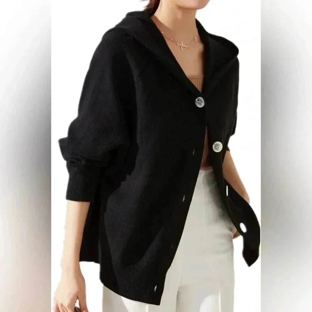 Ligotto Button Front Cardigan Gorgeous Womens Large Black Hooded